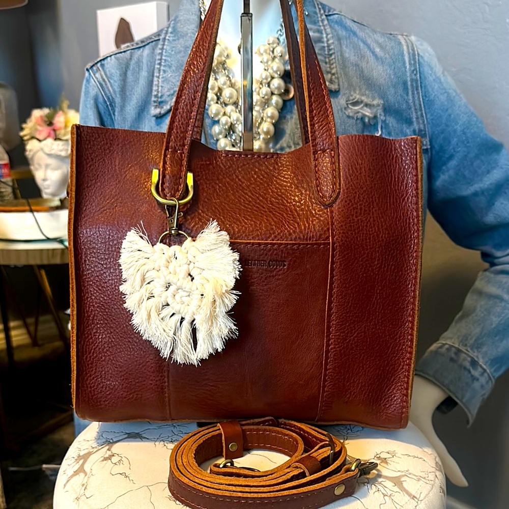 Leather Tote Bag in Brown with Macrame Charm - Unbranded